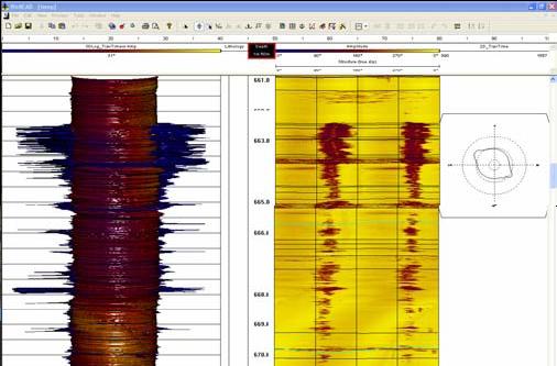 Typical scanner image highlighting an area of borehole breakout, assisting in the assessment of stress regimes.